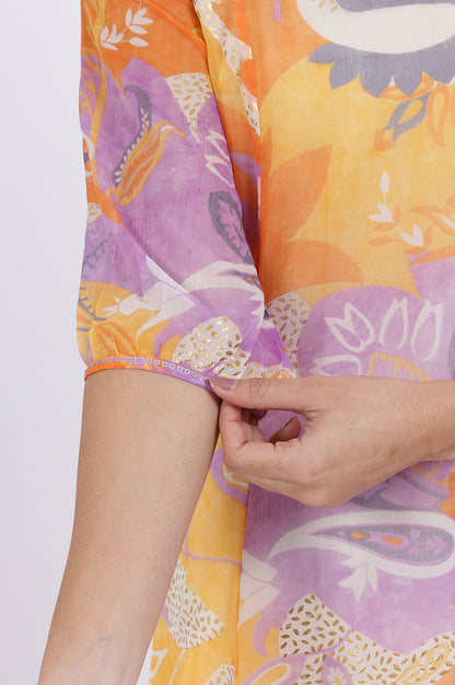 Orange Printed A-Line Chiffon Kurta