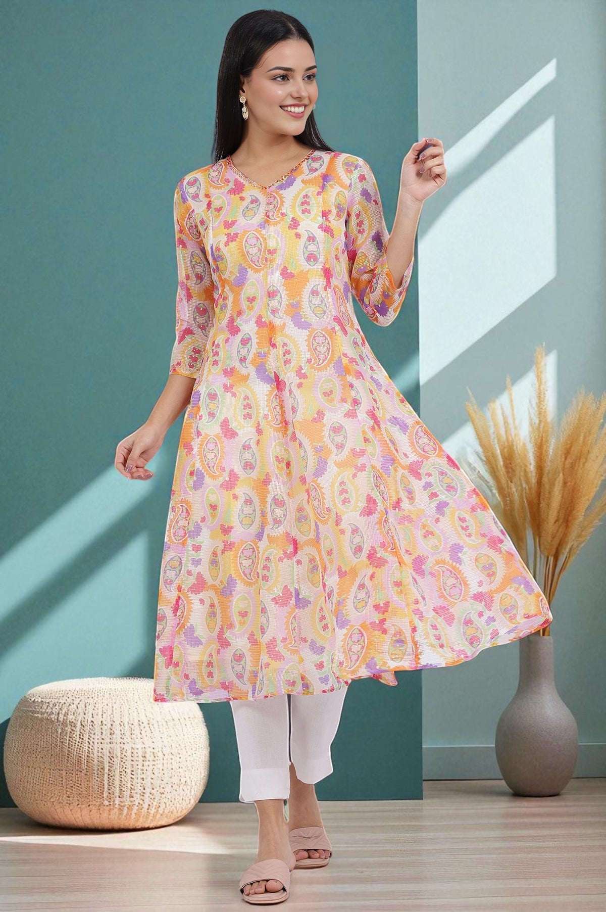 Printed Kota Doria Anarkali Kurta - XS