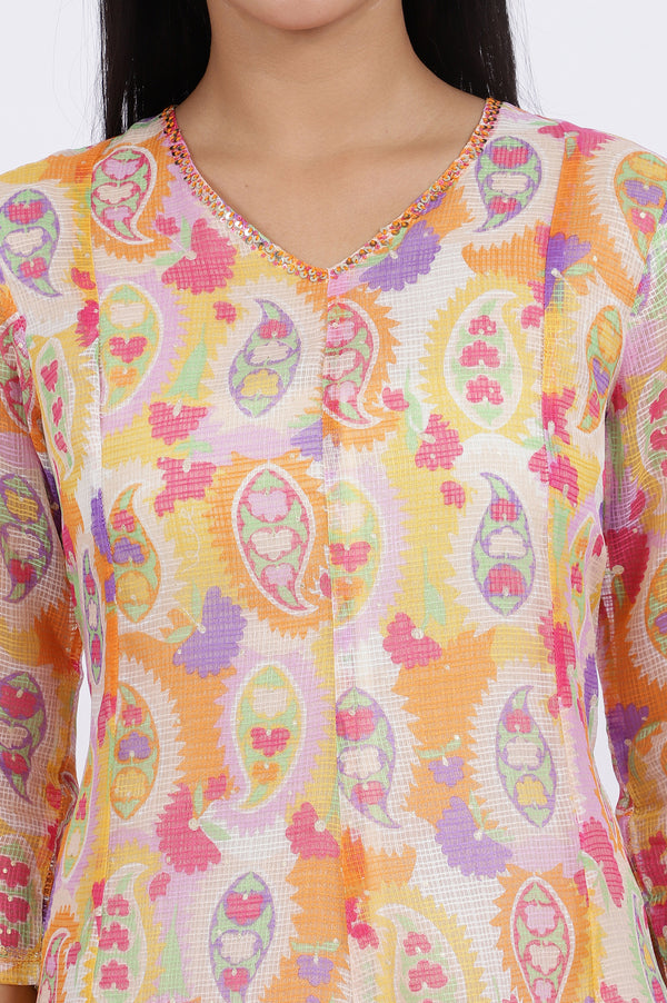 Printed Kota Doria Anarkali Kurta