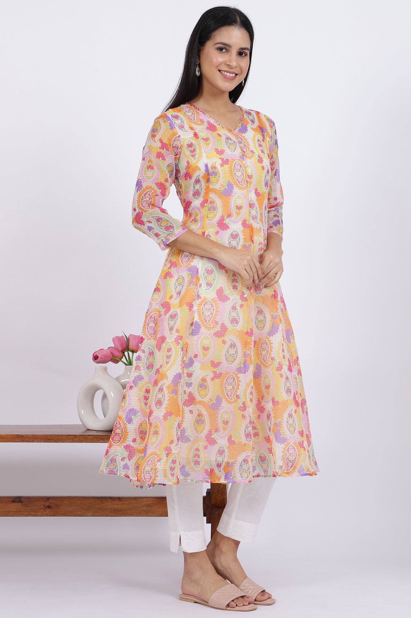Printed Kota Doria Anarkali Kurta