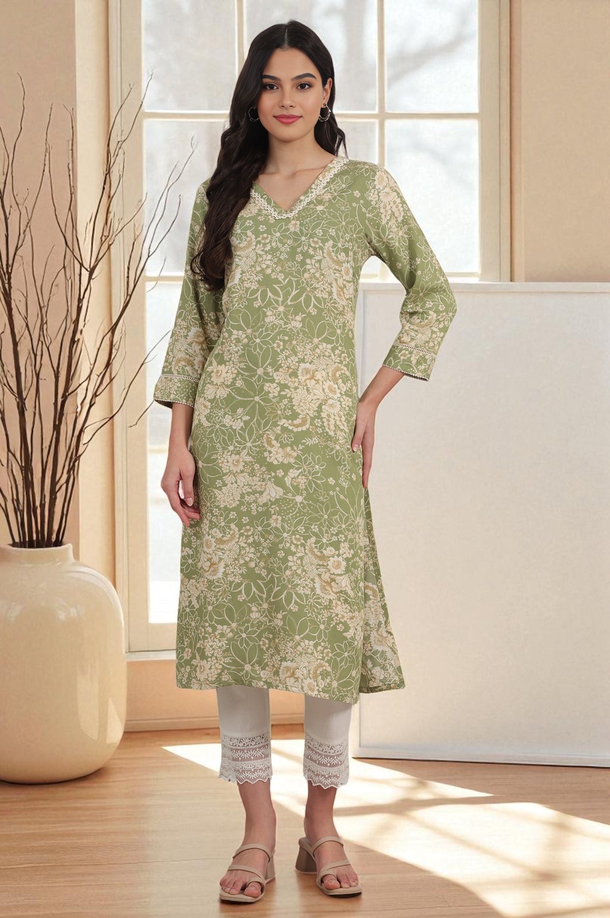 Sage Green Floral Printed Rayon Flax Straight Kurta with Lace - XS