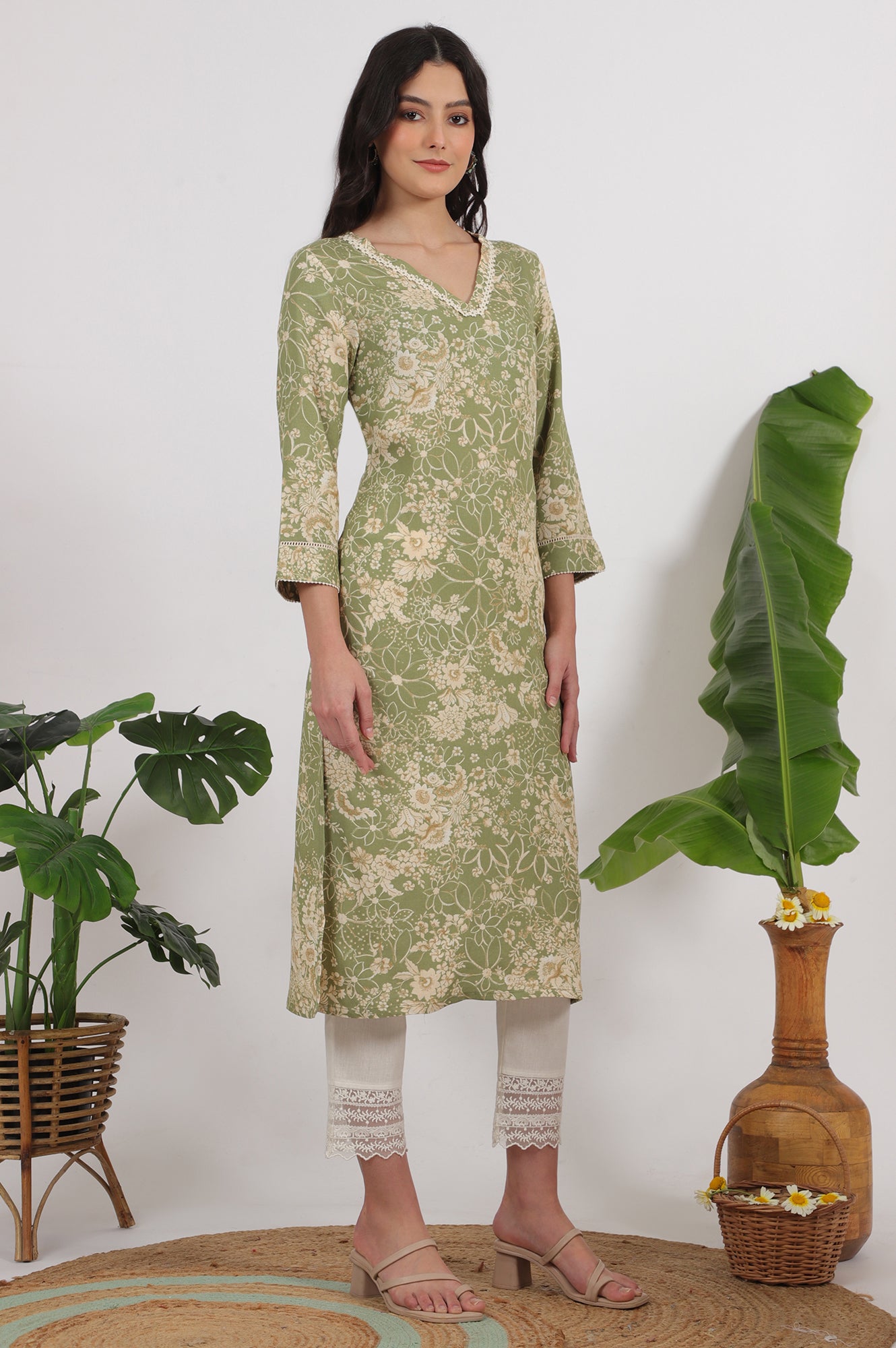 Sage Green Floral Printed Rayon Flax Straight Kurta with Lace