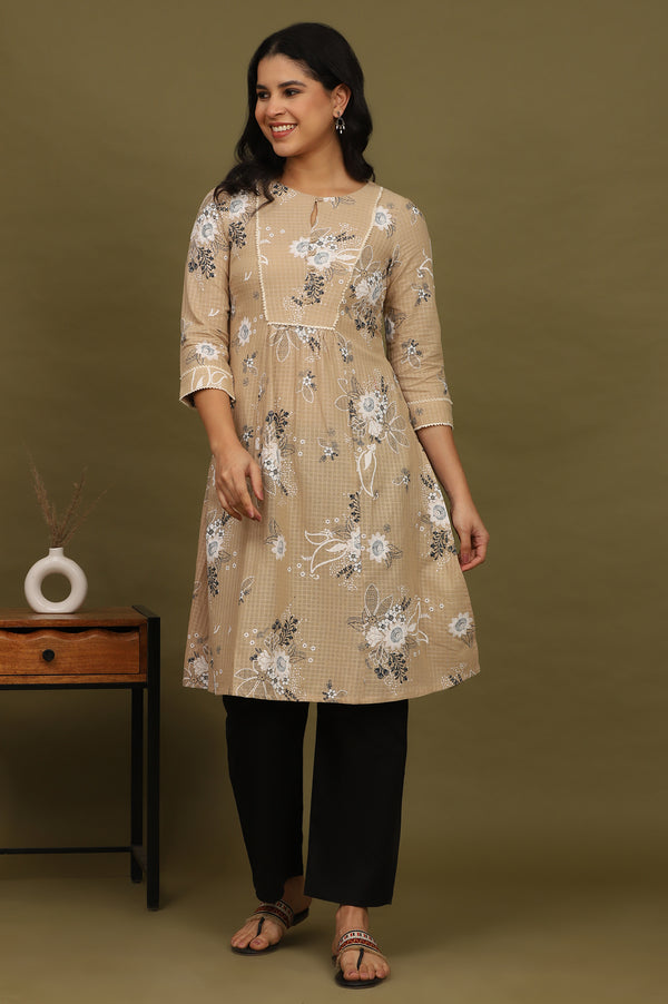 Beige Floral Printed Cotton Check Textured Kurta