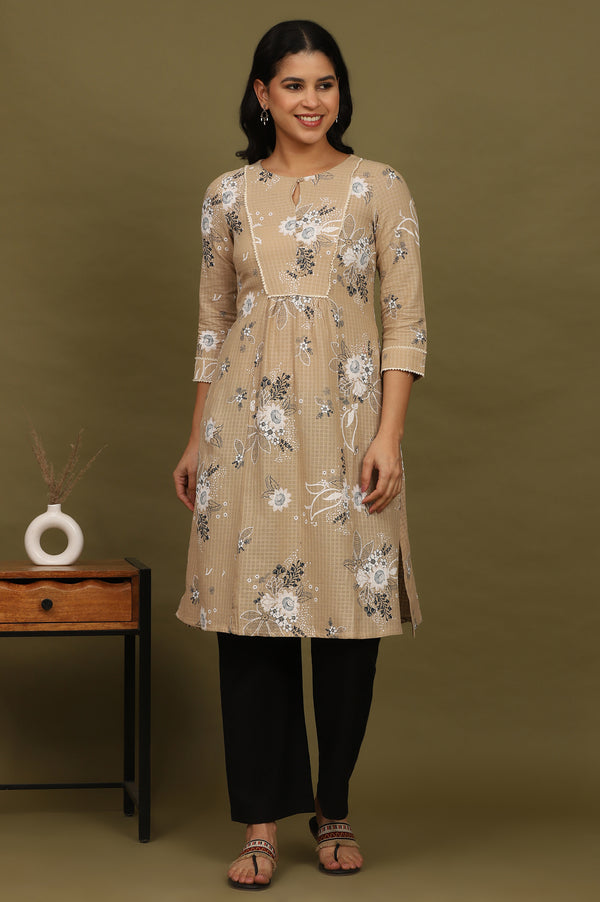 Beige Floral Printed Cotton Check Textured Kurta