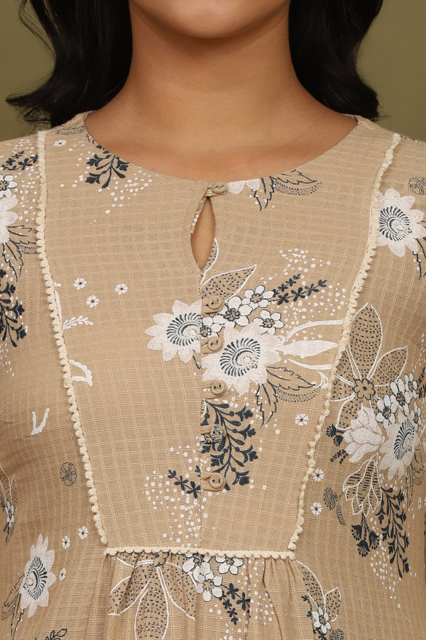 Beige Floral Printed Cotton Check Textured Kurta
