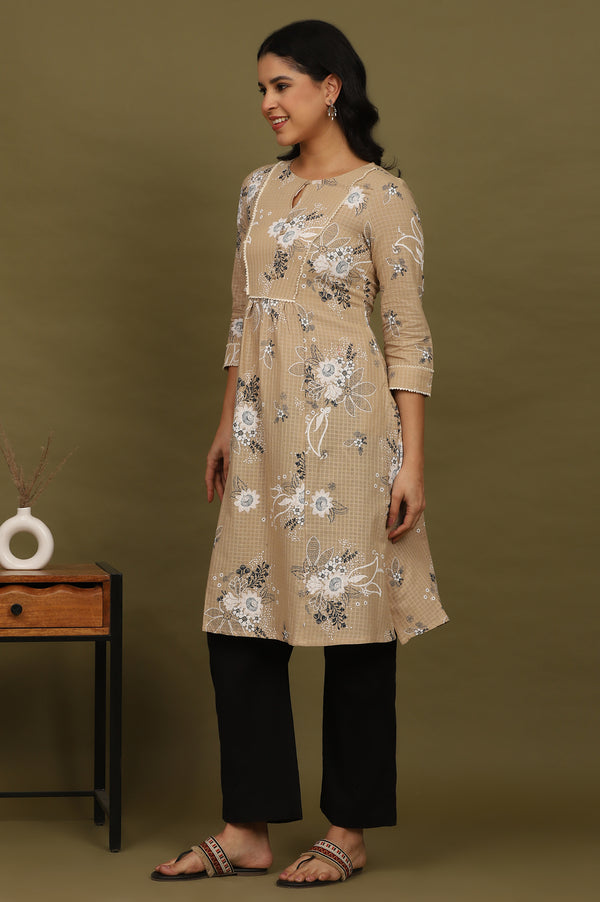 Beige Floral Printed Cotton Check Textured Kurta