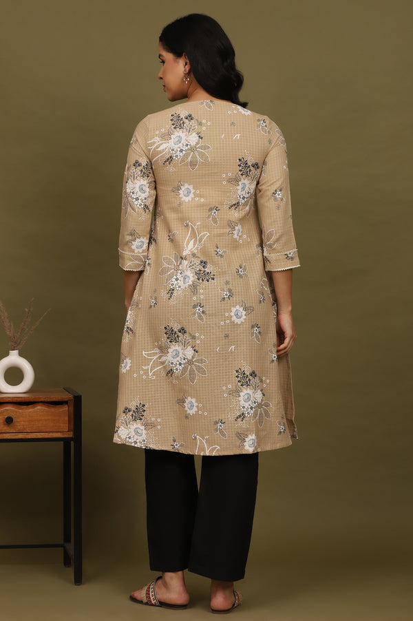 Beige Floral Printed Cotton Check Textured Kurta
