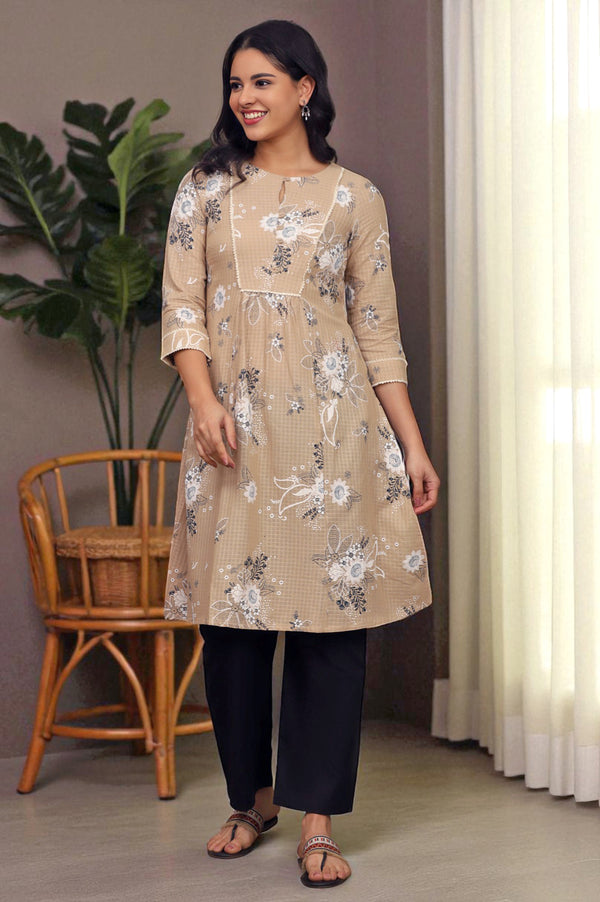 Beige Floral Printed Cotton Check Textured Kurta