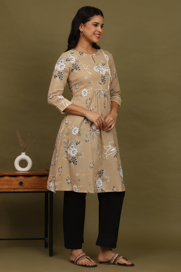 Beige Floral Printed Cotton Check Textured Kurta