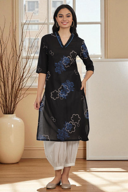 Black Bold Floral Printed Pure Cotton Straight Kurta with Lace