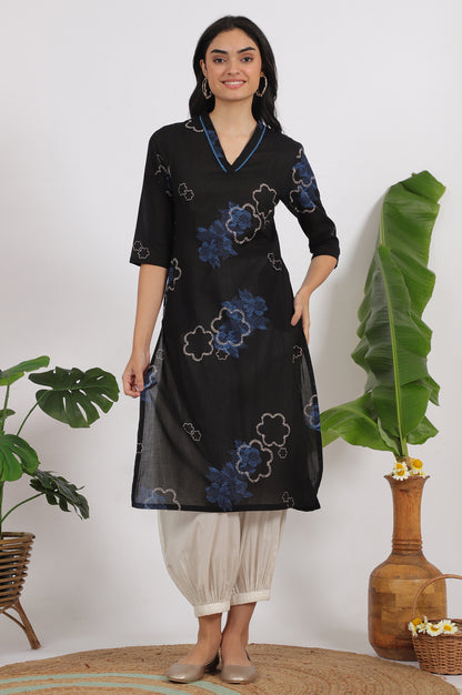 Black Bold Floral Printed Pure Cotton Straight Kurta with Lace