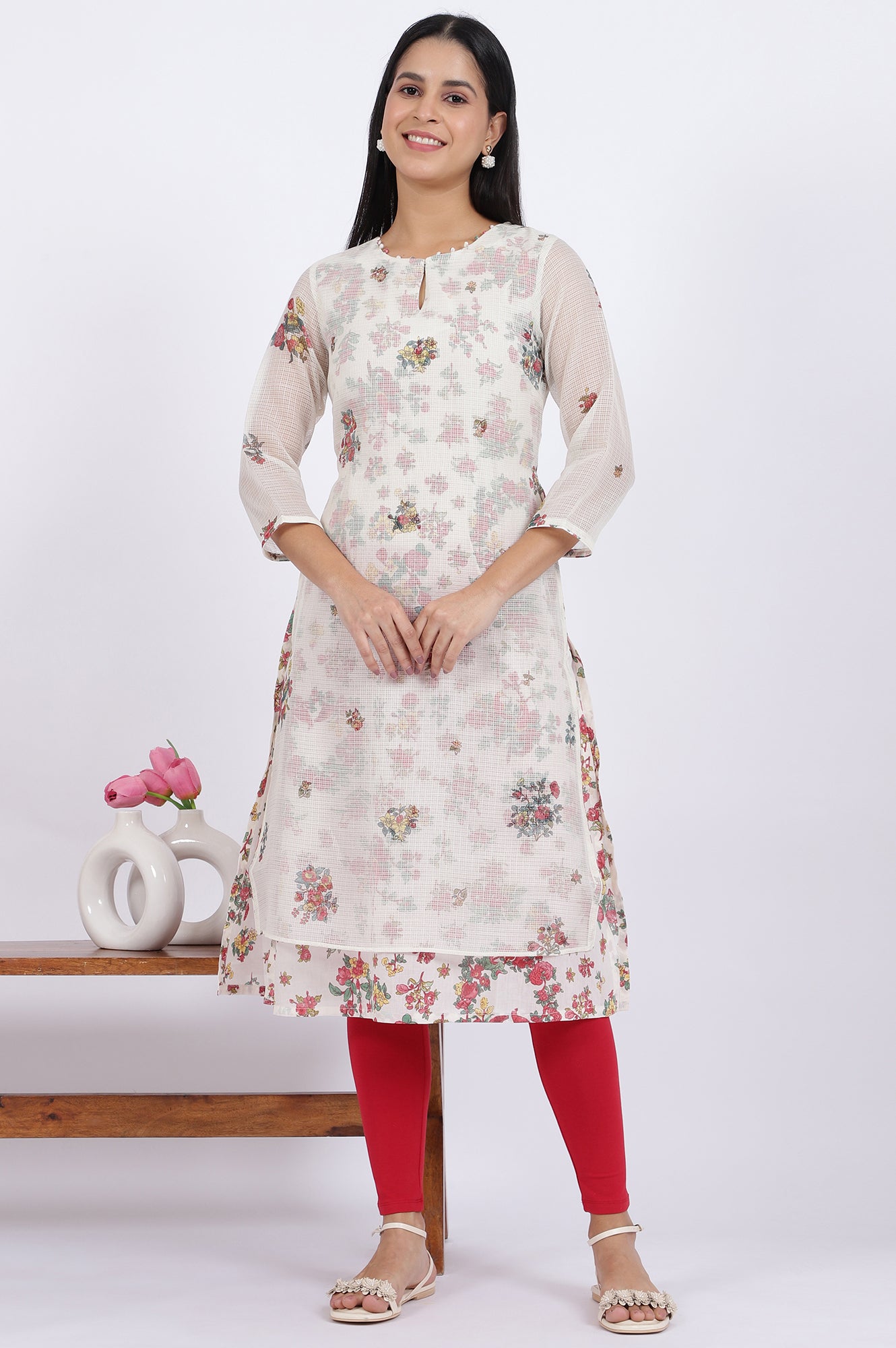 White Floral Printed Straight Polyester Kurta