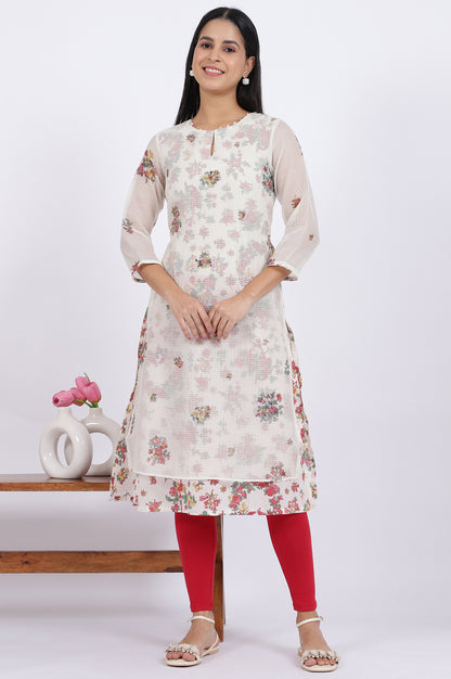 White Floral Printed Straight Polyester Kurta