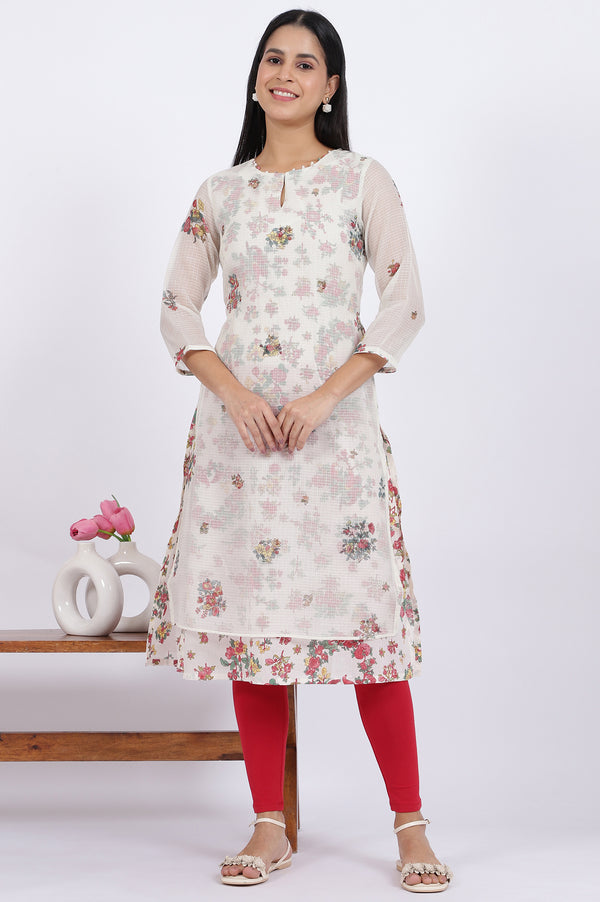 White Floral Printed Straight Polyester Kurta