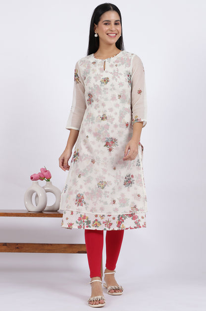 White Floral Printed Straight Polyester Kurta