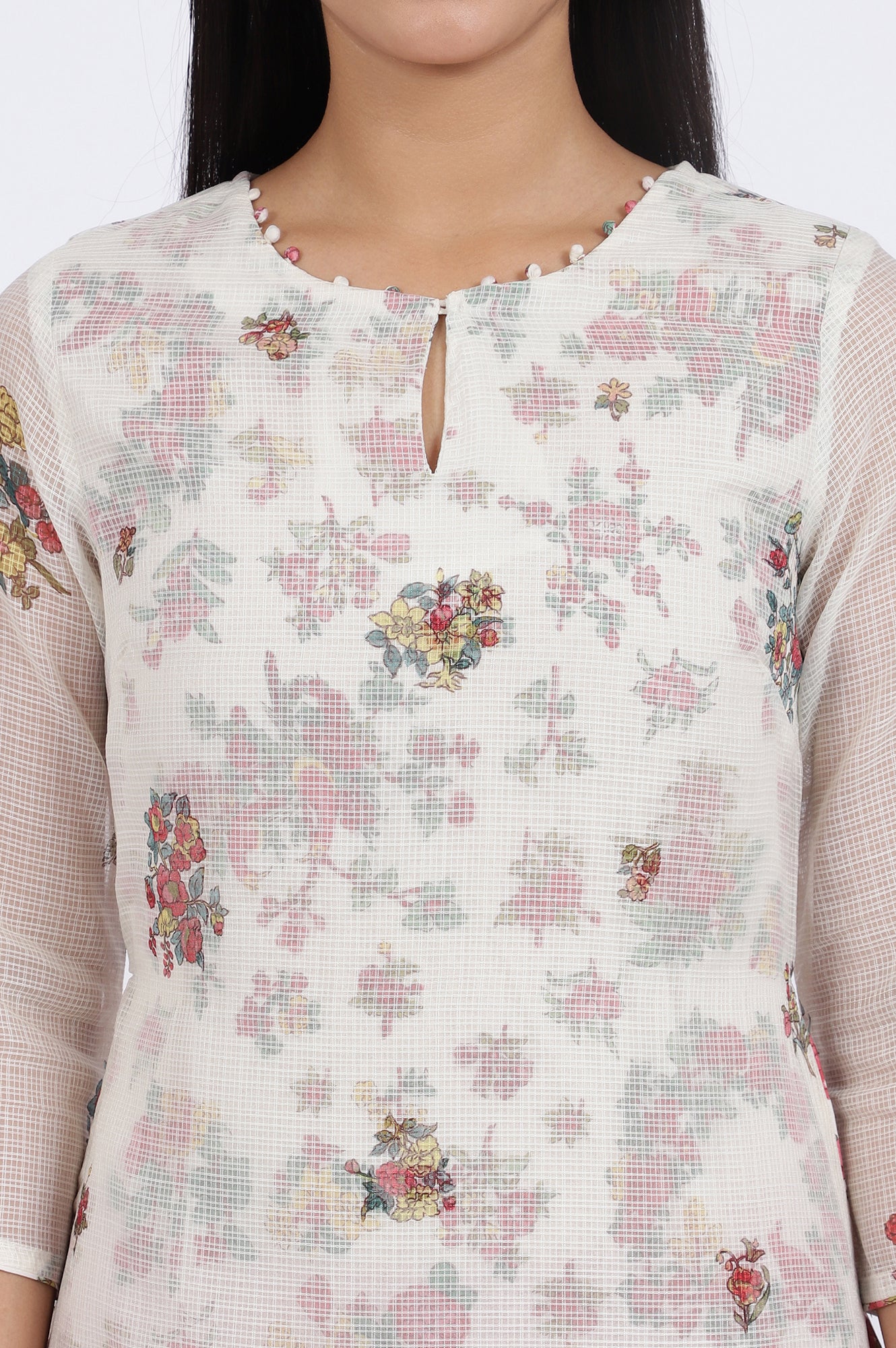 White Floral Printed Straight Polyester Kurta