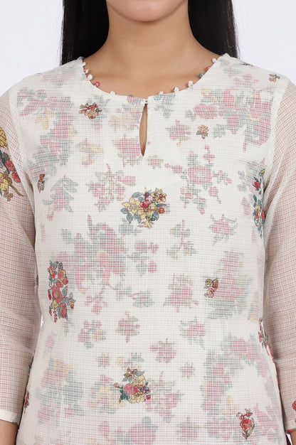 White Floral Printed Straight Polyester Kurta