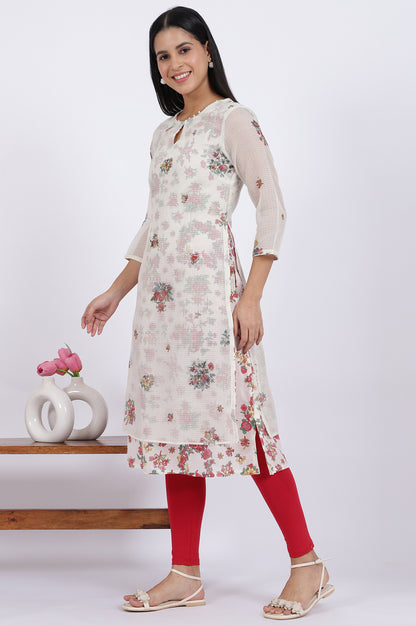 White Floral Printed Straight Polyester Kurta