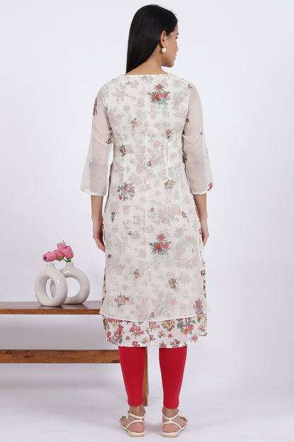 White Floral Printed Straight Polyester Kurta