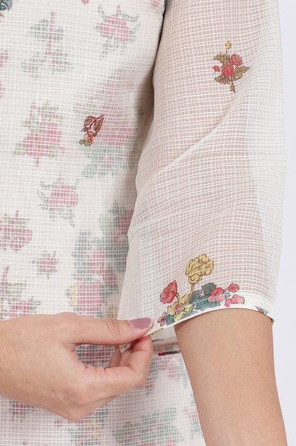 White Floral Printed Straight Polyester Kurta