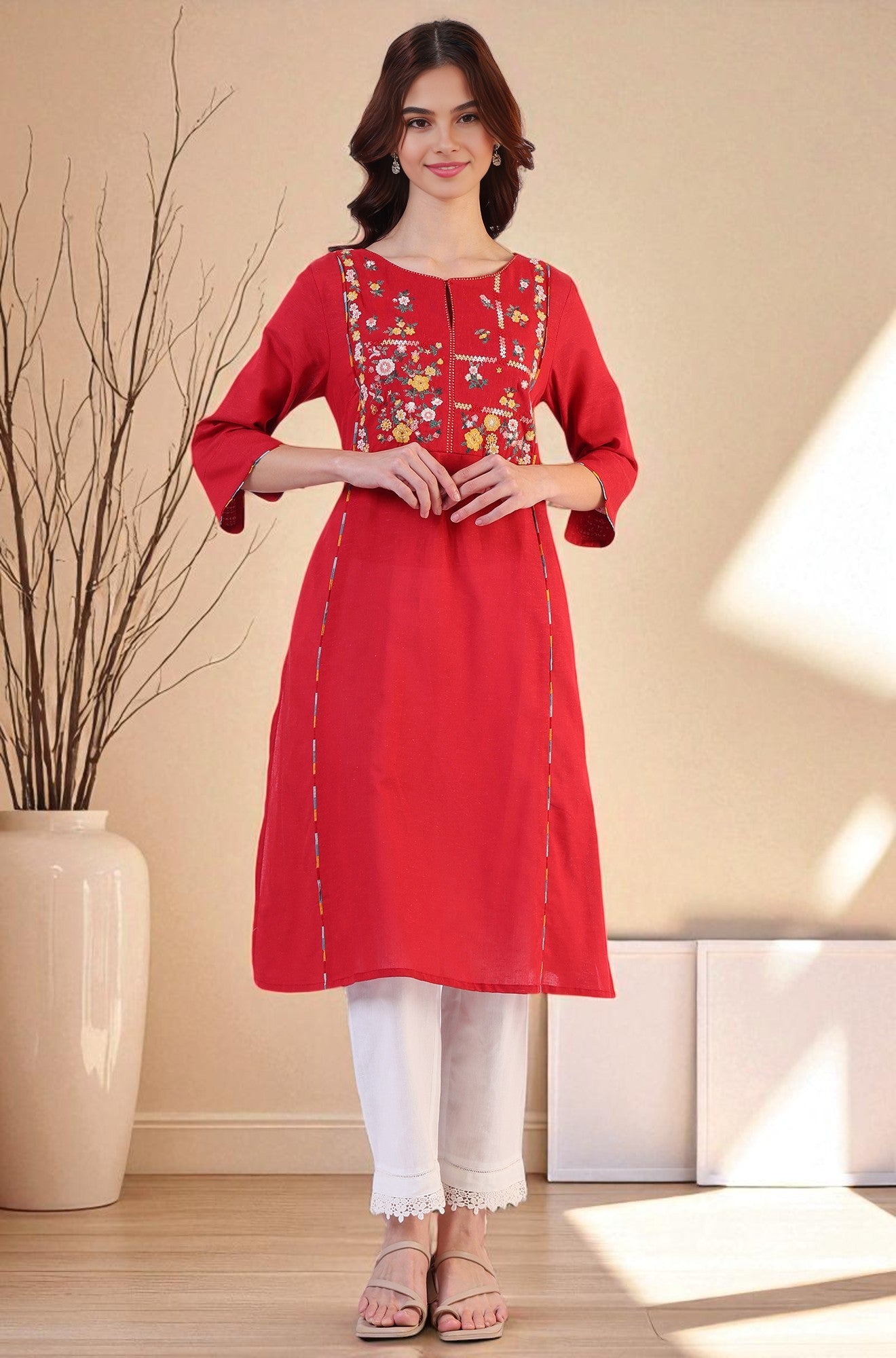 Red Solid A-Line Rayon Kurta