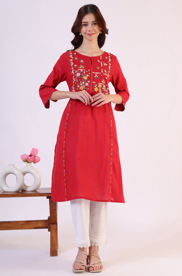 Red Solid A-Line Rayon Kurta