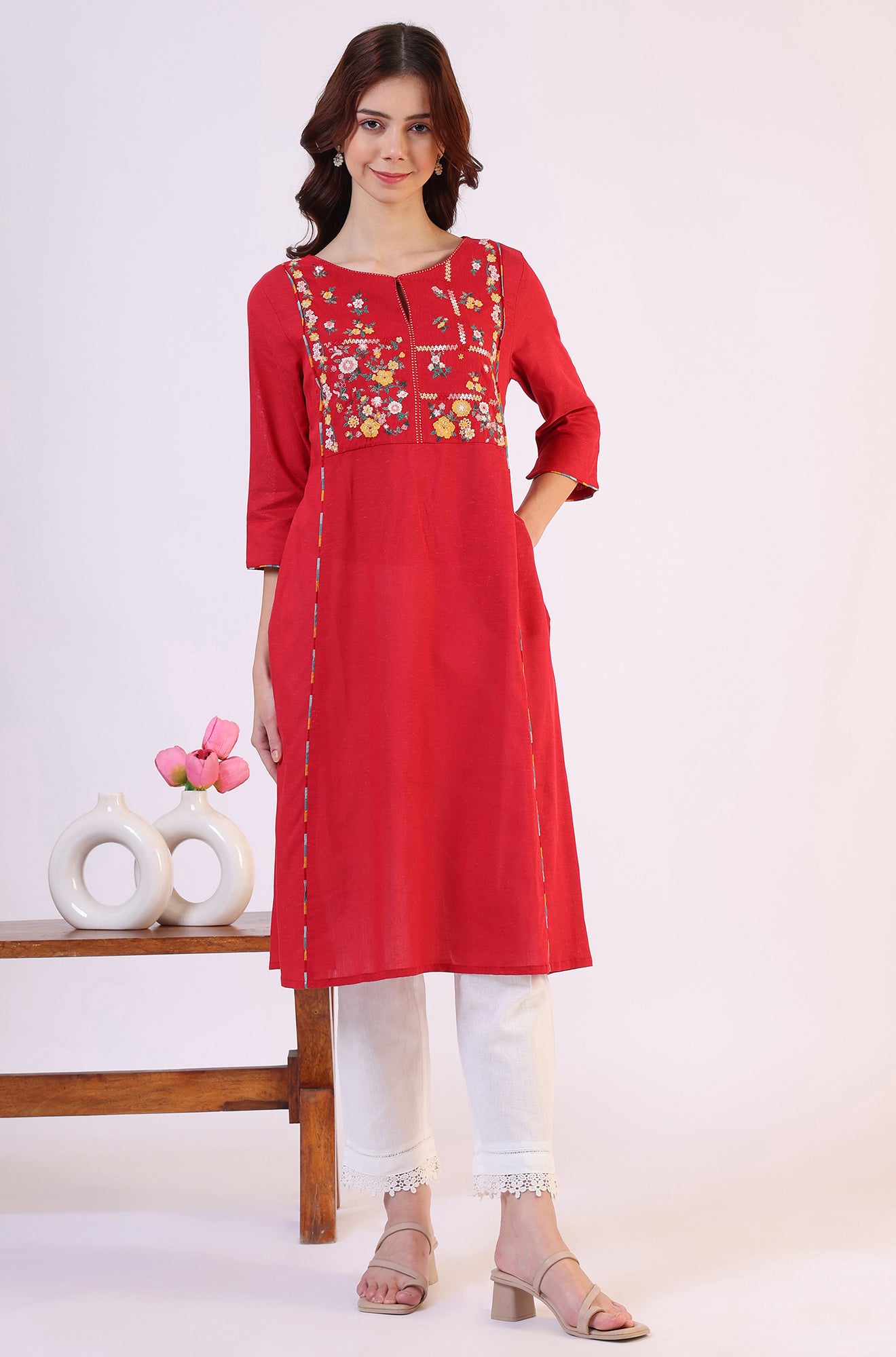 Red Solid A-Line Rayon Kurta