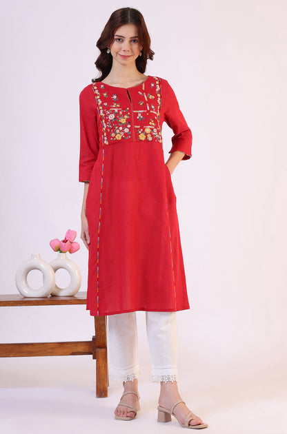 Red Solid A-Line Rayon Kurta
