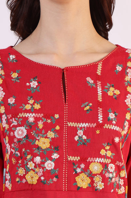 Red Solid A-Line Rayon Kurta