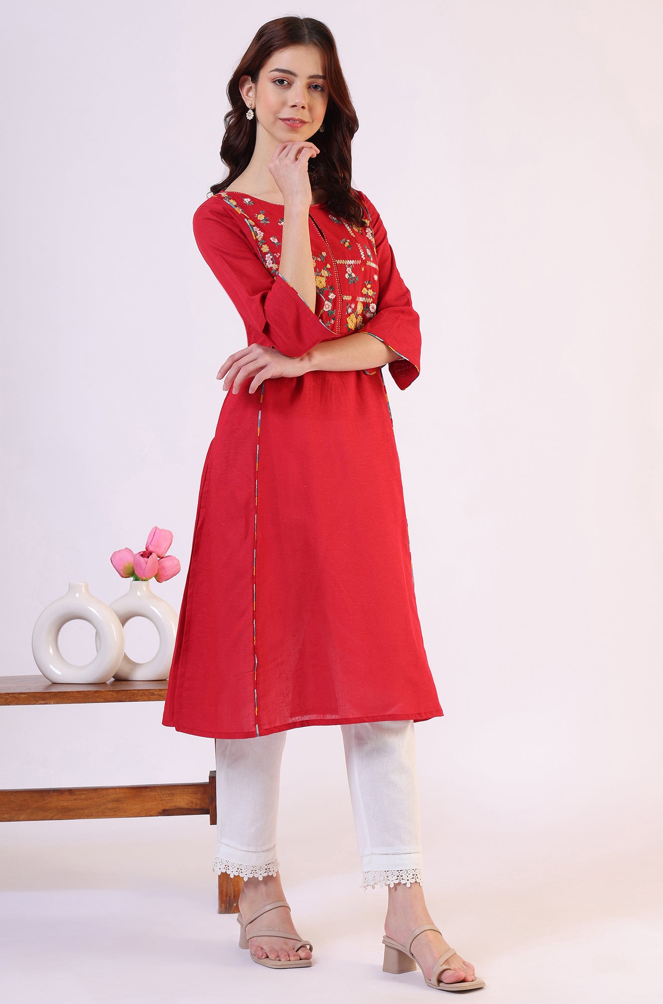 Red Solid A-Line Rayon Kurta