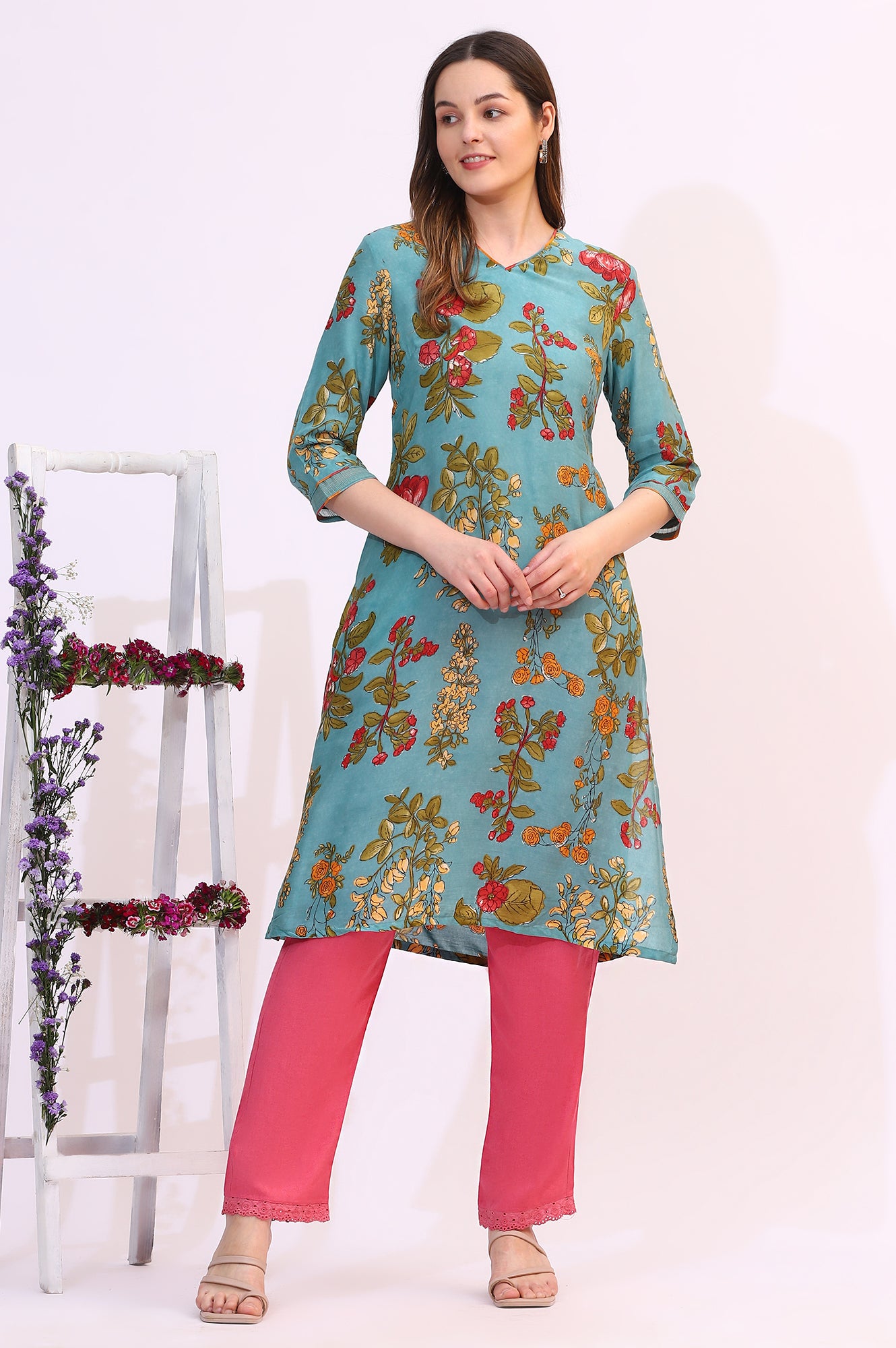 Reef Blue Floral Printed Modal A-line Kurta