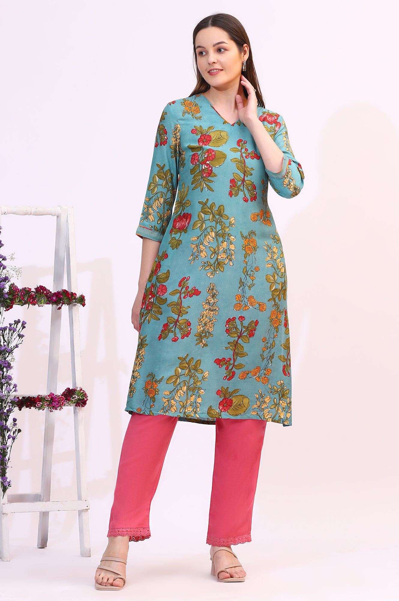 Reef Blue Floral Printed Modal A-line Kurta