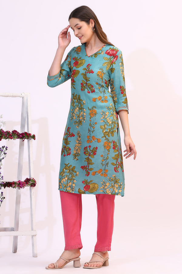 Reef Blue Floral Printed Modal A-line Kurta