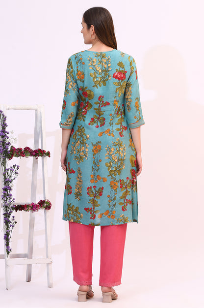Reef Blue Floral Printed Modal A-line Kurta