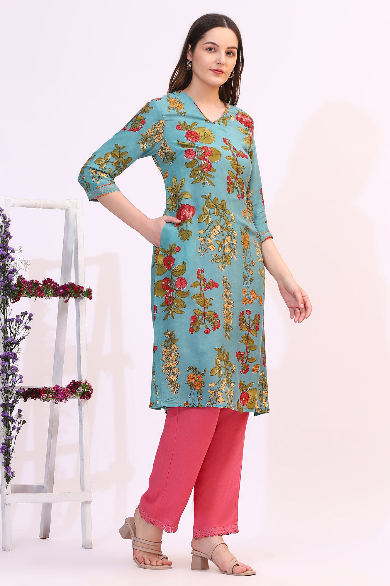 Reef Blue Floral Printed Modal A-line Kurta