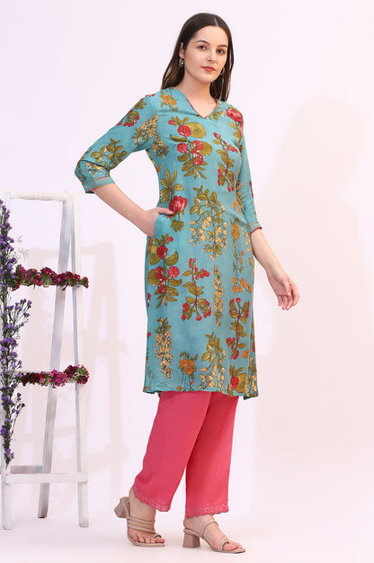 Reef Blue Floral Printed Modal A-line Kurta