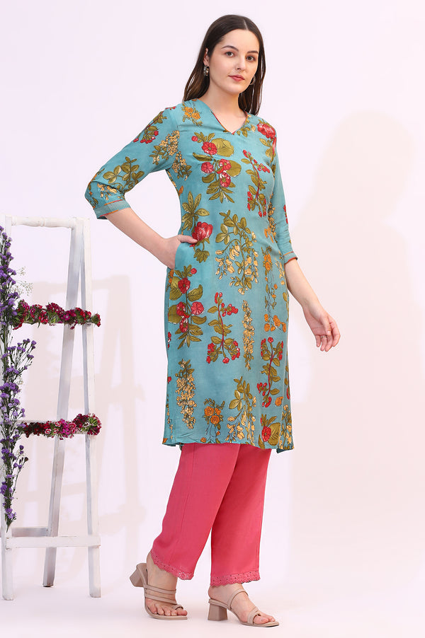 Reef Blue Floral Printed Modal A-line Kurta