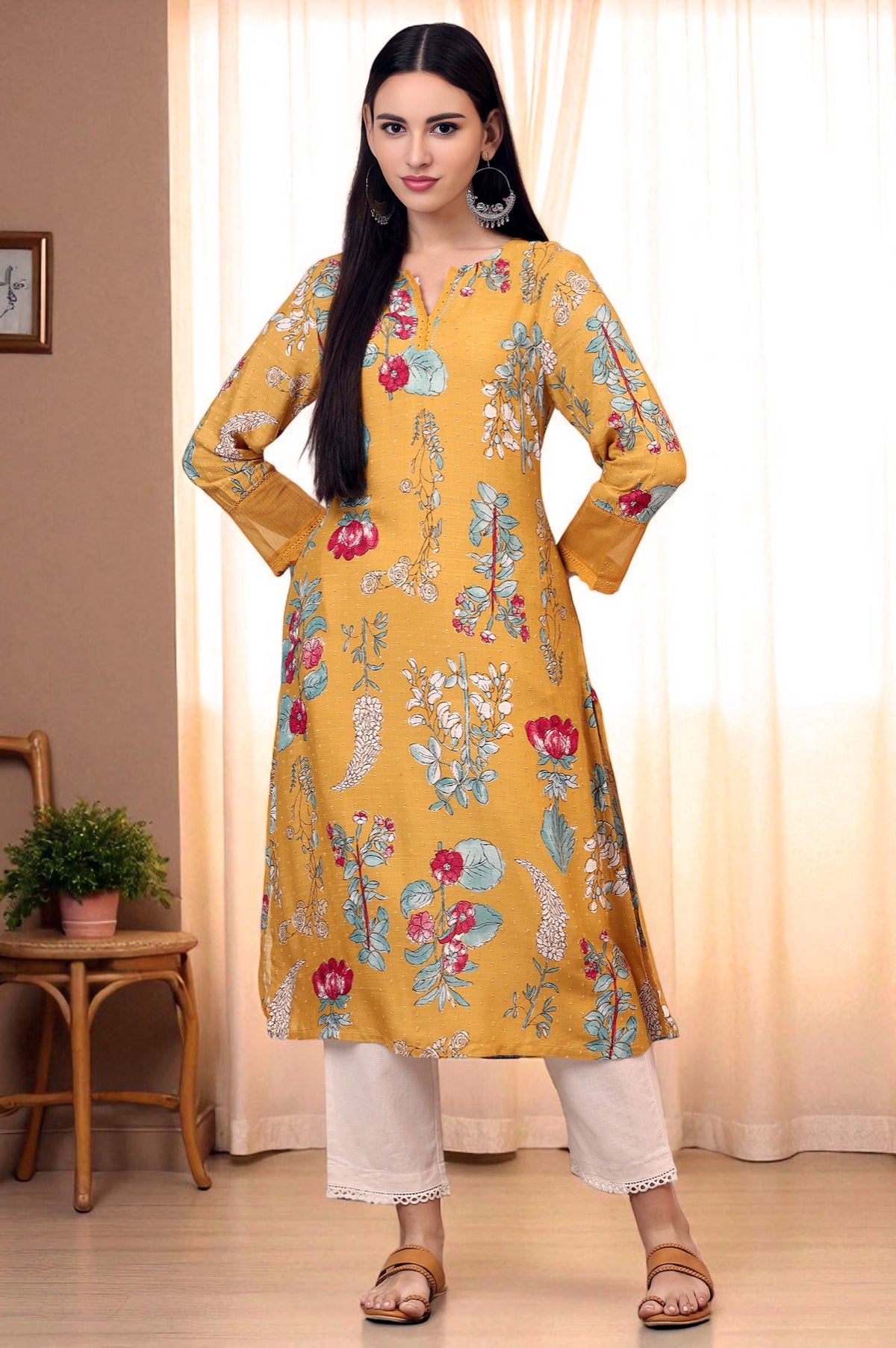 Yellow Floral Printed Swiss Dot Straight Kurta - XS