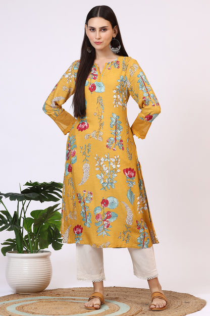 Yellow Floral Printed Swiss Dot Straight Kurta