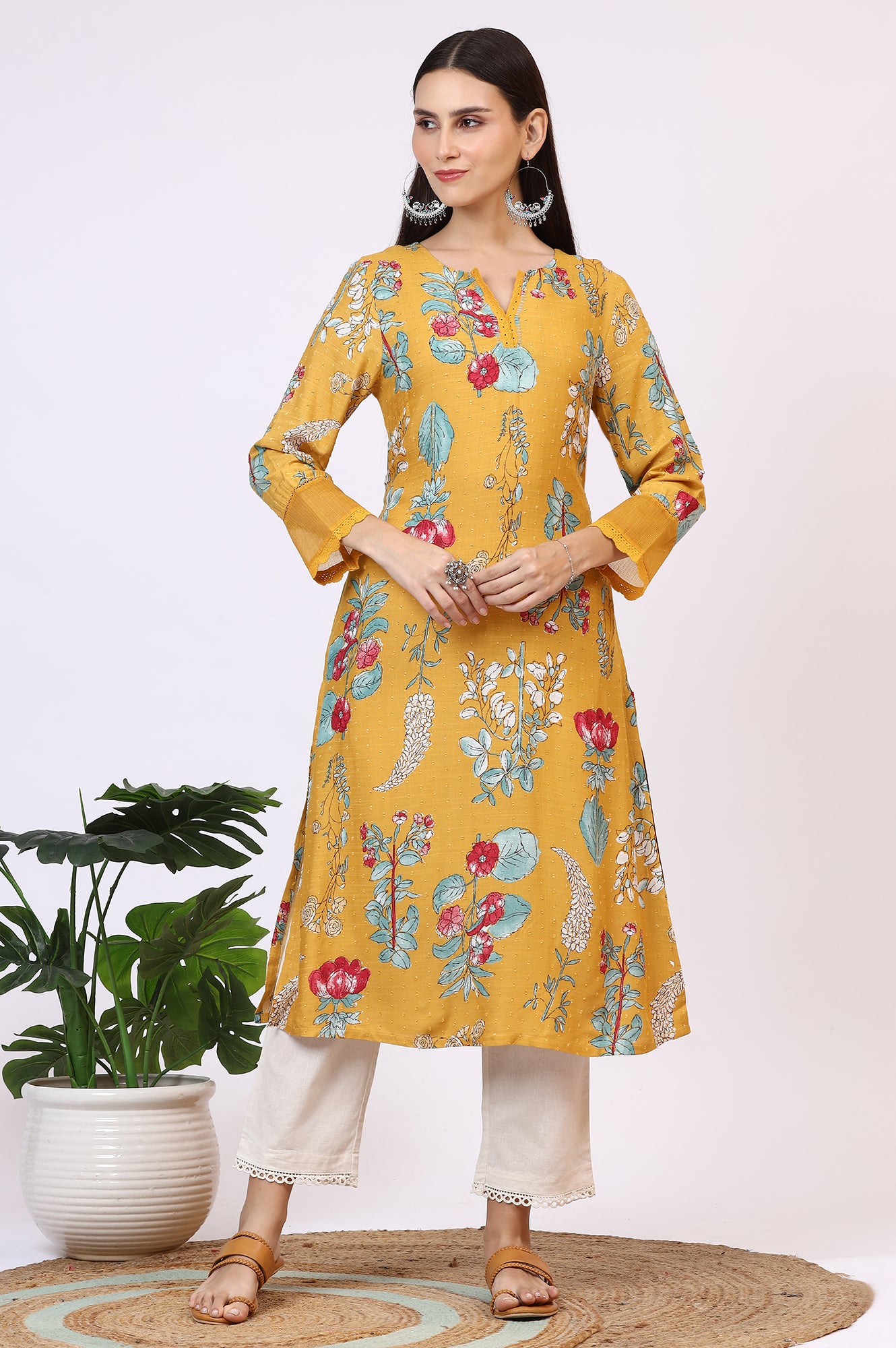 Yellow Floral Printed Swiss Dot Straight Kurta