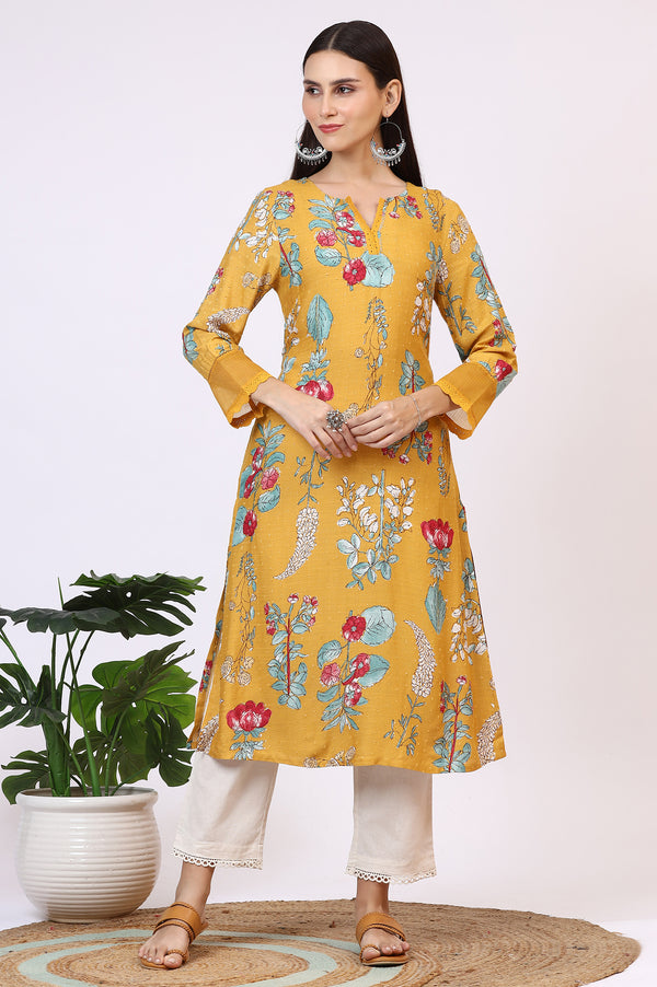 Yellow Floral Printed Swiss Dot Straight Kurta
