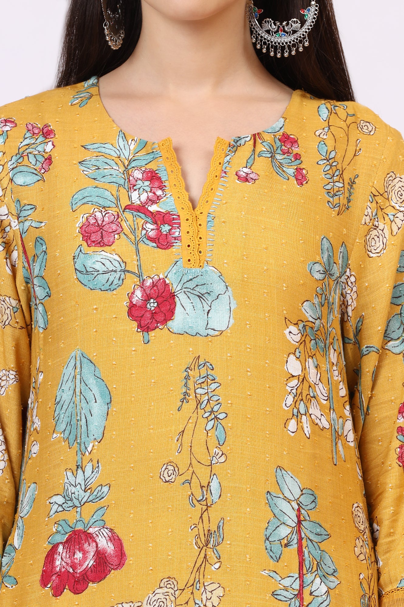 Yellow Floral Printed Swiss Dot Straight Kurta