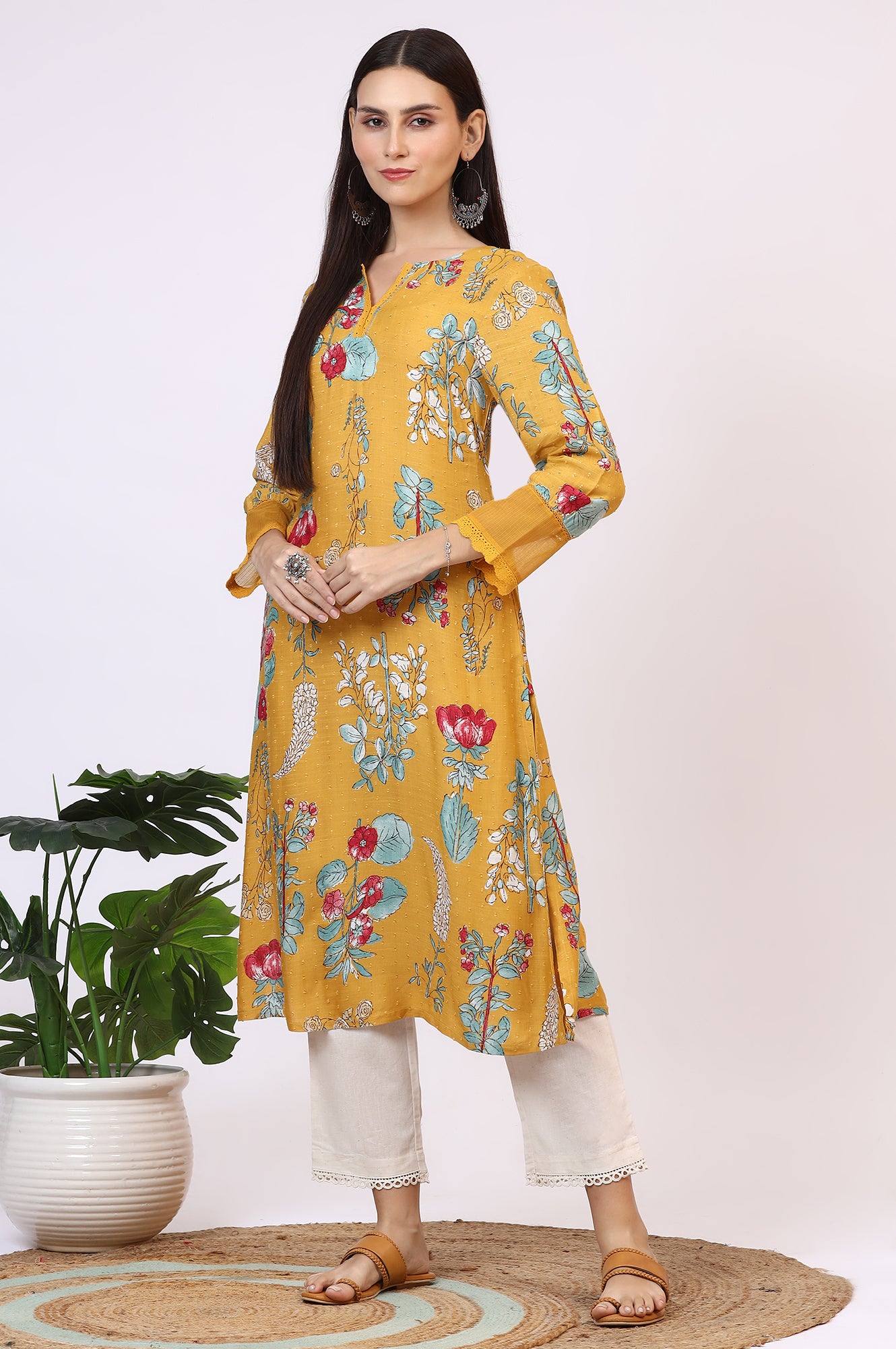 Yellow Floral Printed Swiss Dot Straight Kurta