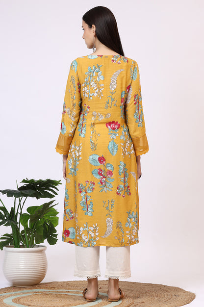 Yellow Floral Printed Swiss Dot Straight Kurta