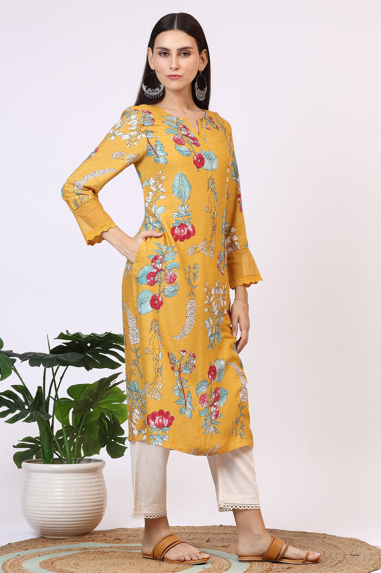 Yellow Floral Printed Swiss Dot Straight Kurta