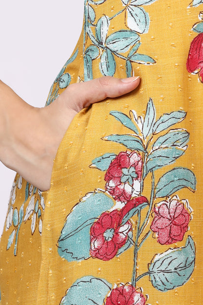 Yellow Floral Printed Swiss Dot Straight Kurta