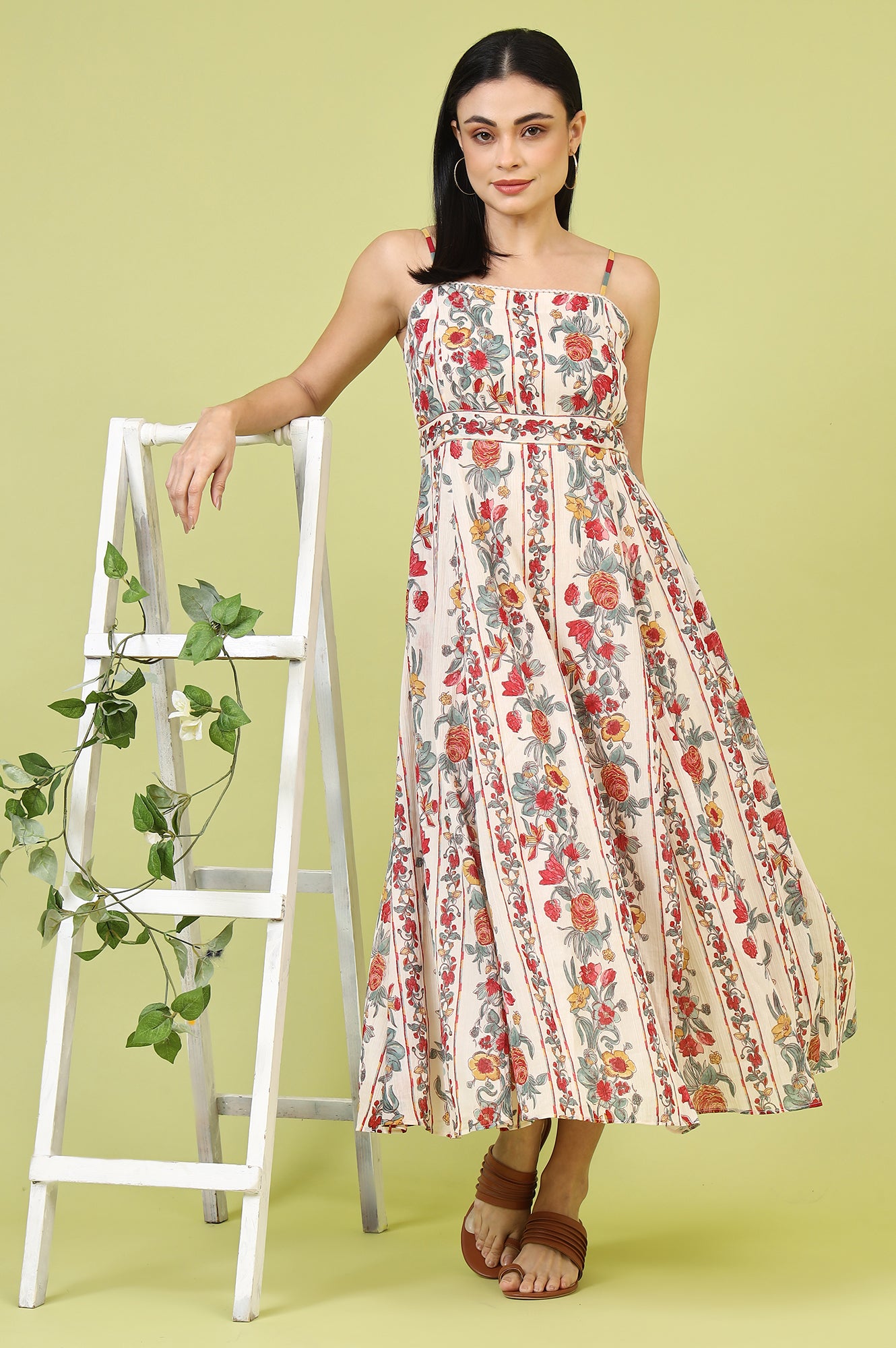 Off-White Vibrant Floral Printed Pure Cotton Flared Spaghetti Dress