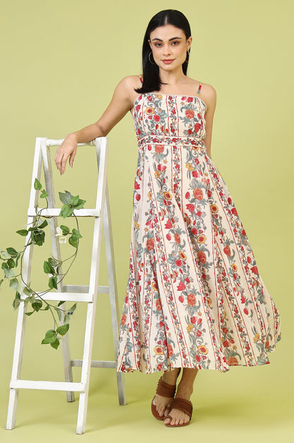 Off-White Vibrant Floral Printed Pure Cotton Flared Spaghetti Dress