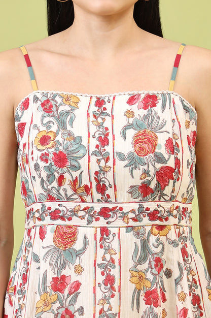 Off-White Vibrant Floral Printed Pure Cotton Flared Spaghetti Dress