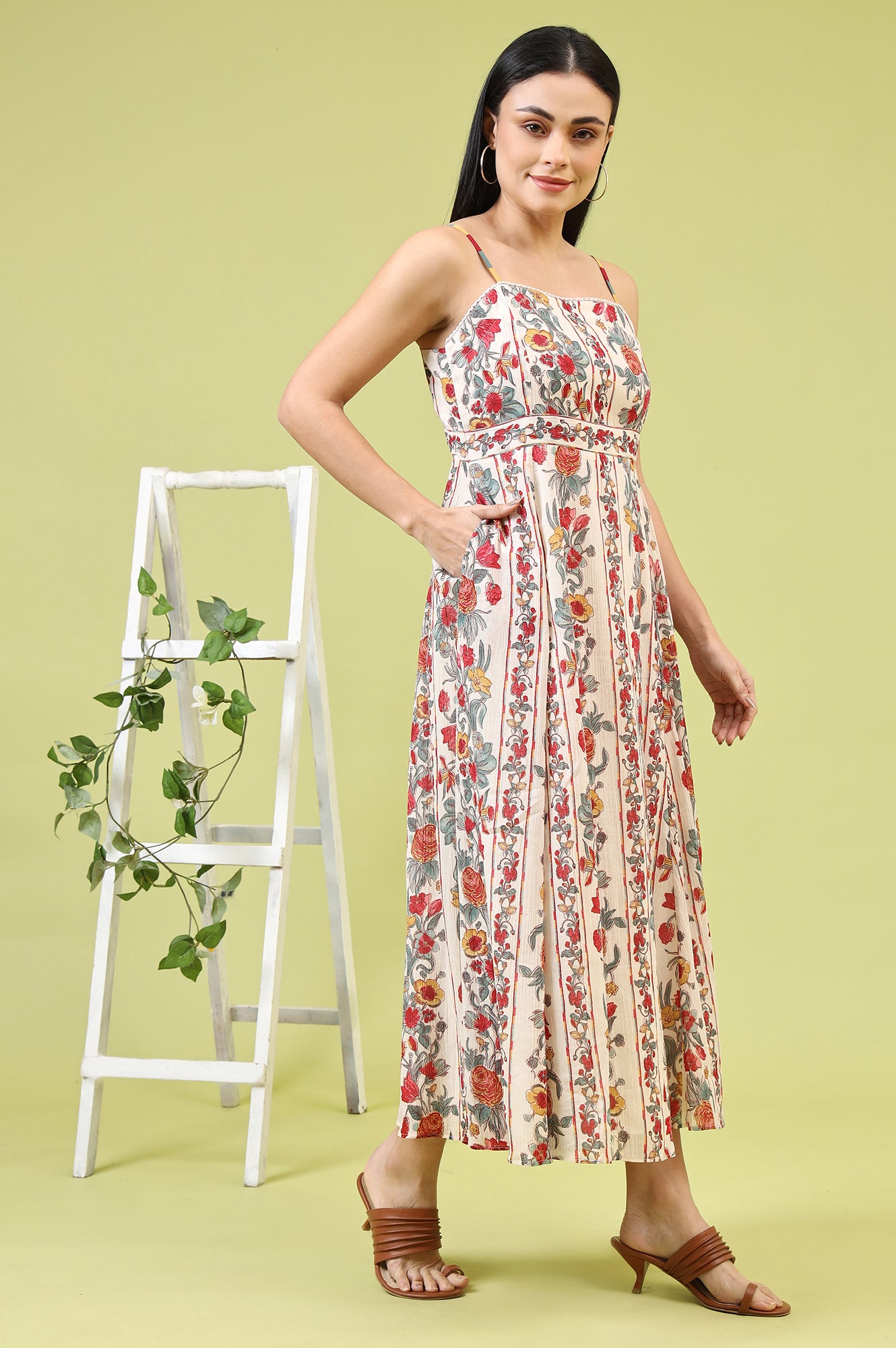 Off-White Vibrant Floral Printed Pure Cotton Flared Spaghetti Dress